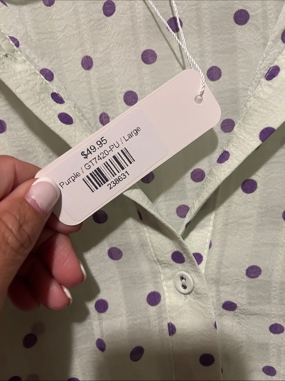 Glam Light Green Polka Dot Button-Up Blouse with Purple Dots - Picture 3 of 8